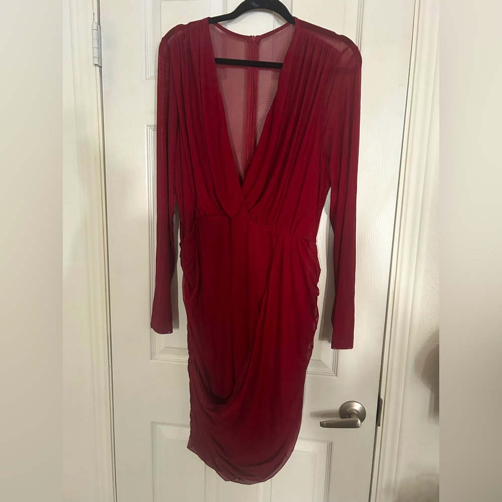 Elegant Red Long Sleeve Mesh Dress 4X